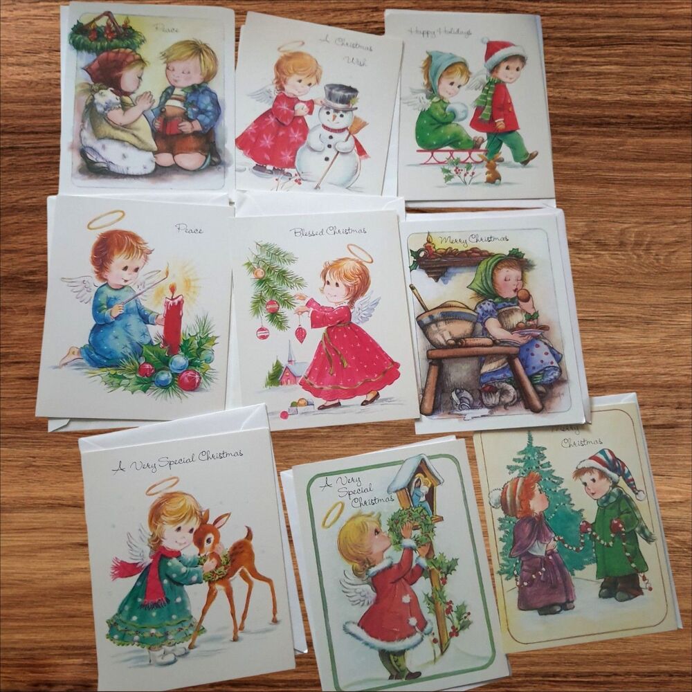 Lot Of 9 80s 90s Vintage Christmas Helpers Greeting Cards Angels Santa Made USA